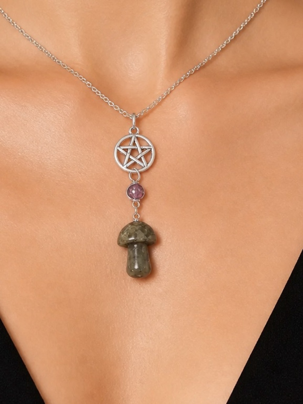 Sterling Silver Pentagram Necklace with labredorite Mushroom and amethyst